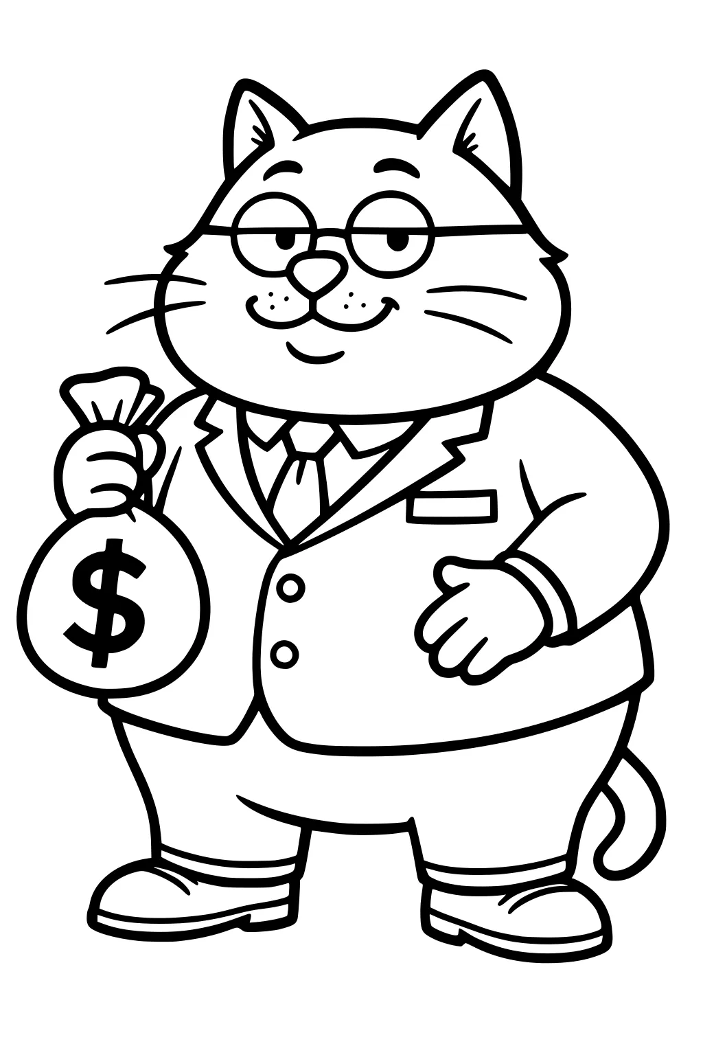 Cartoon cat in glasses and suit holding a money bag, standing upright with a friendly smile and curled tail.
