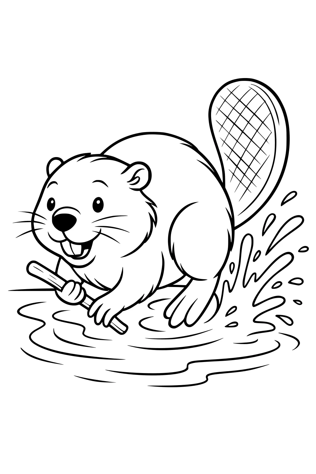 Cartoon beaver holding a stick, splashing water with its tail while sitting in a pond.