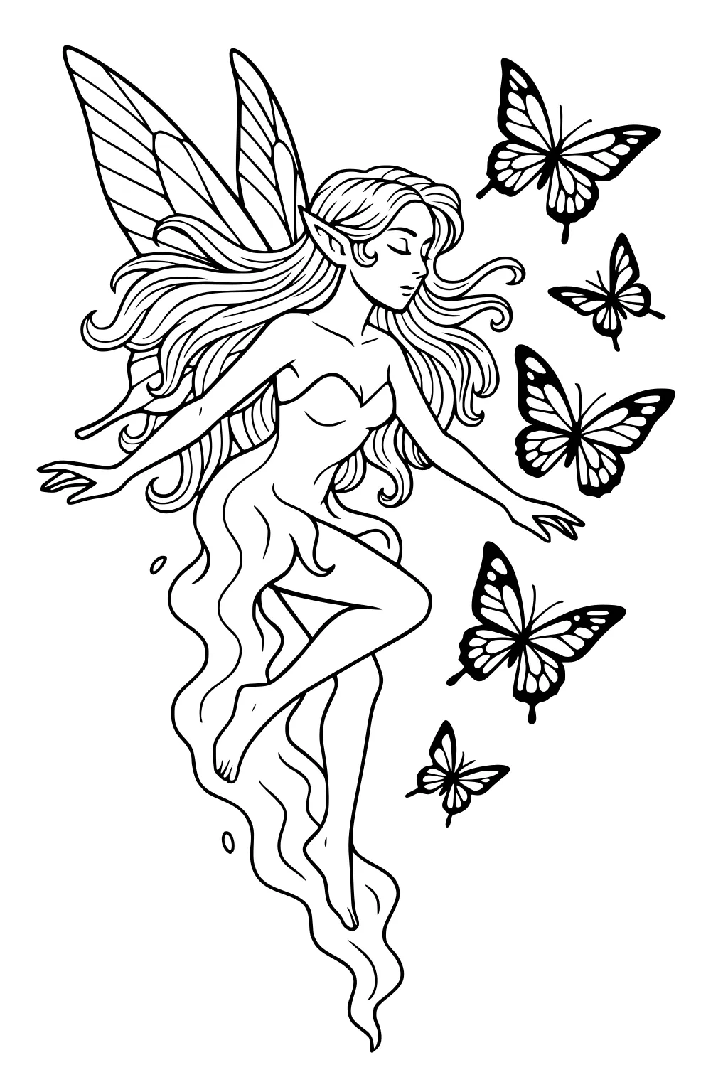 Fairy girl with long hair and large wings floats with four butterflies; arms out, flowing dress; clean line art.