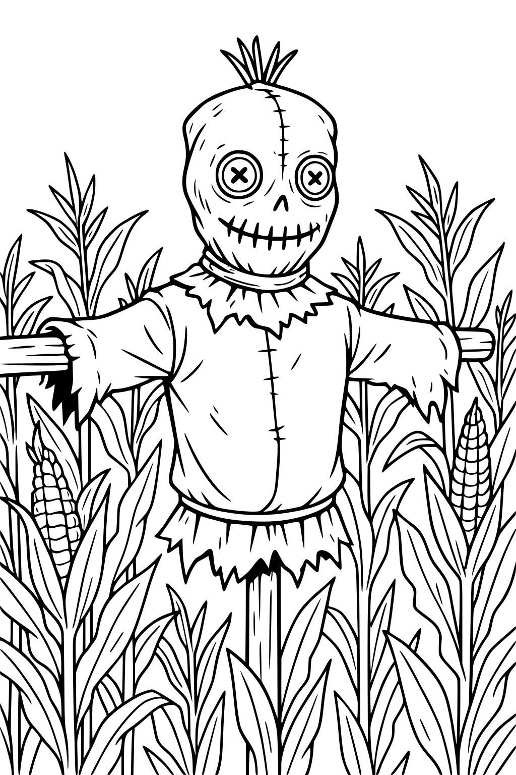 Button-eyed scarecrow with stitched smile on a wooden post in a cornfield, surrounded by tall leaves and ears of corn.