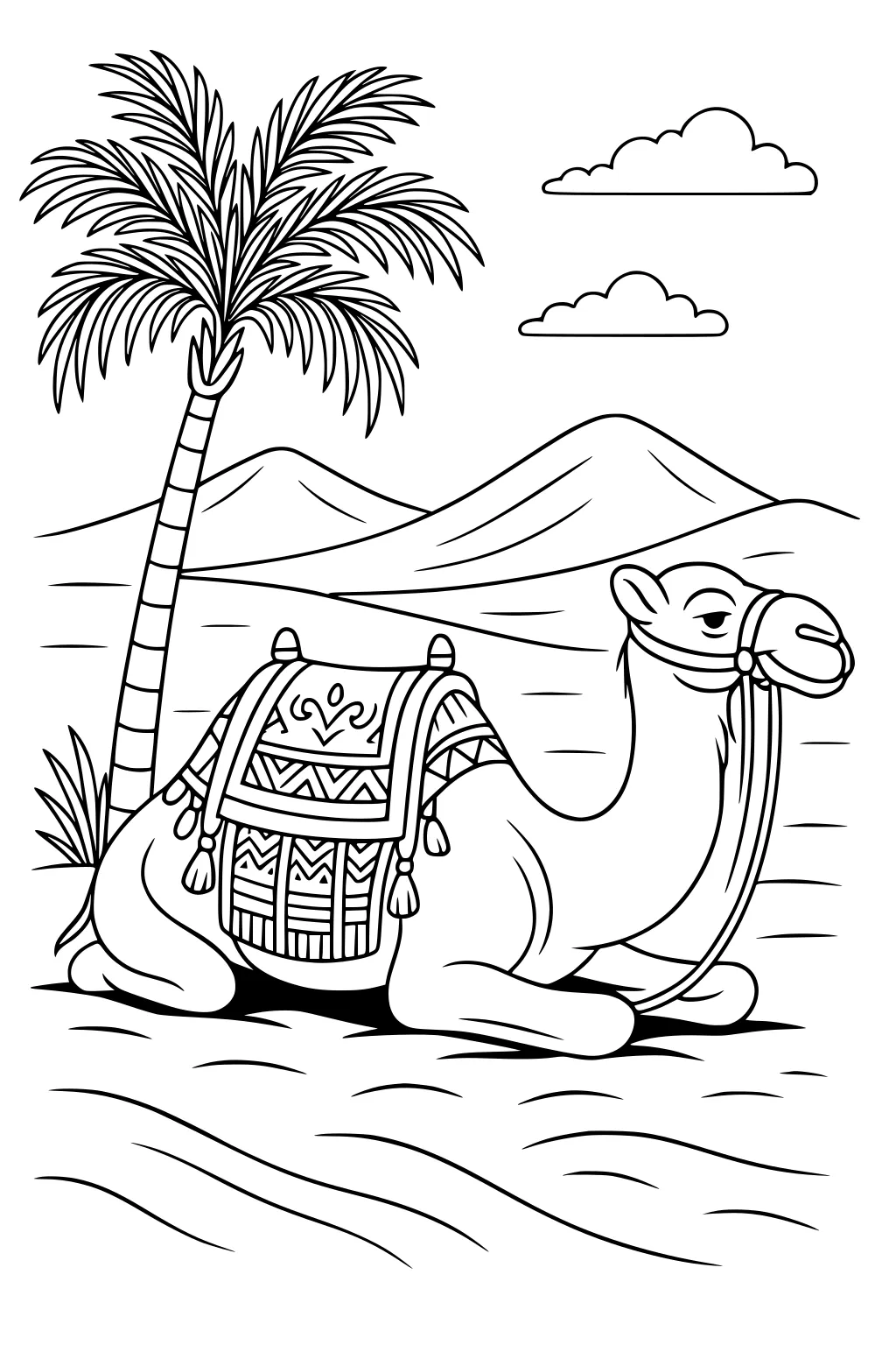 Camel sitting on desert sand beneath a palm tree with a patterned saddle, mountains and two clouds in the background.