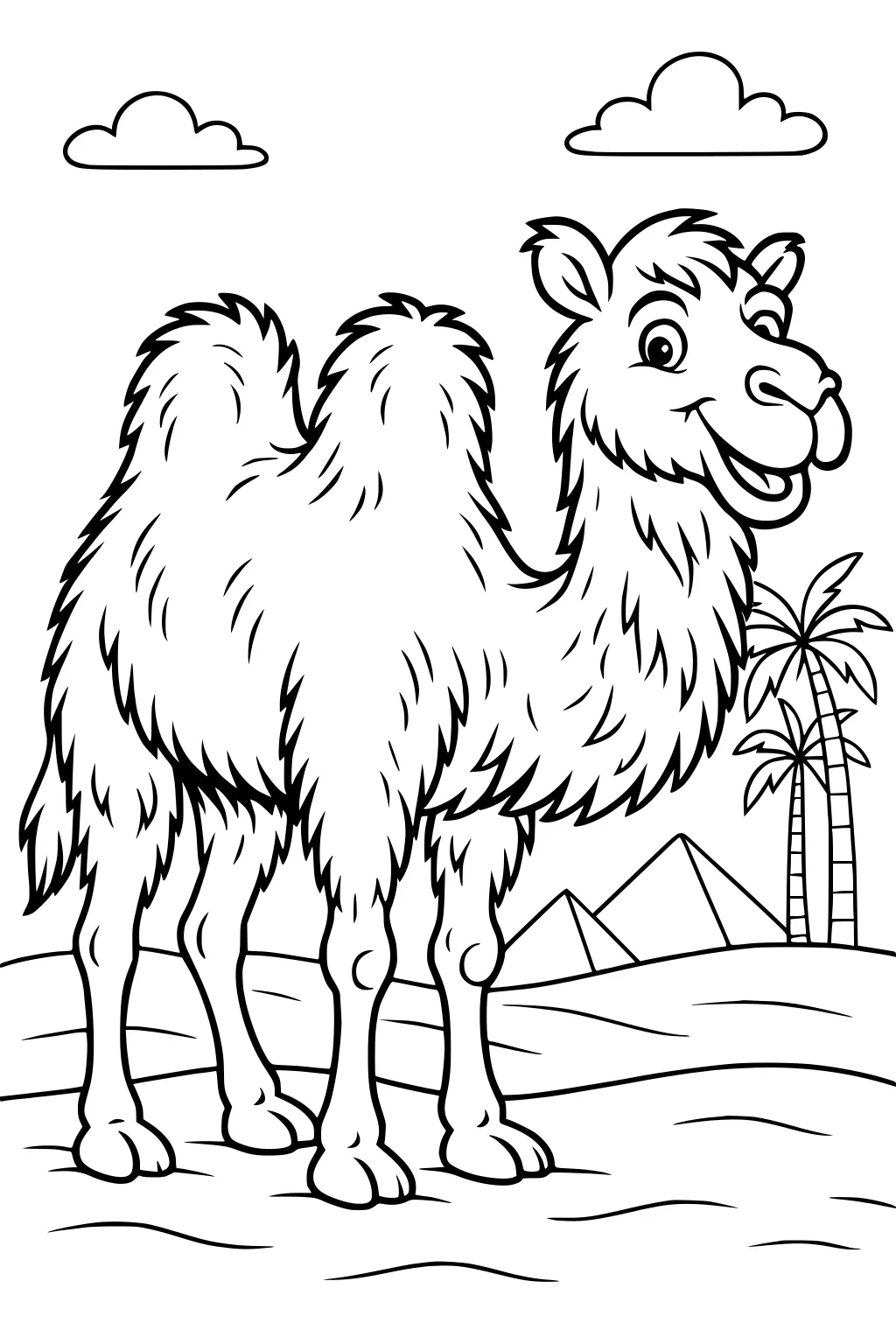 Happy camel with two humps standing on sand, palm trees and pyramids in background, two clouds overhead.