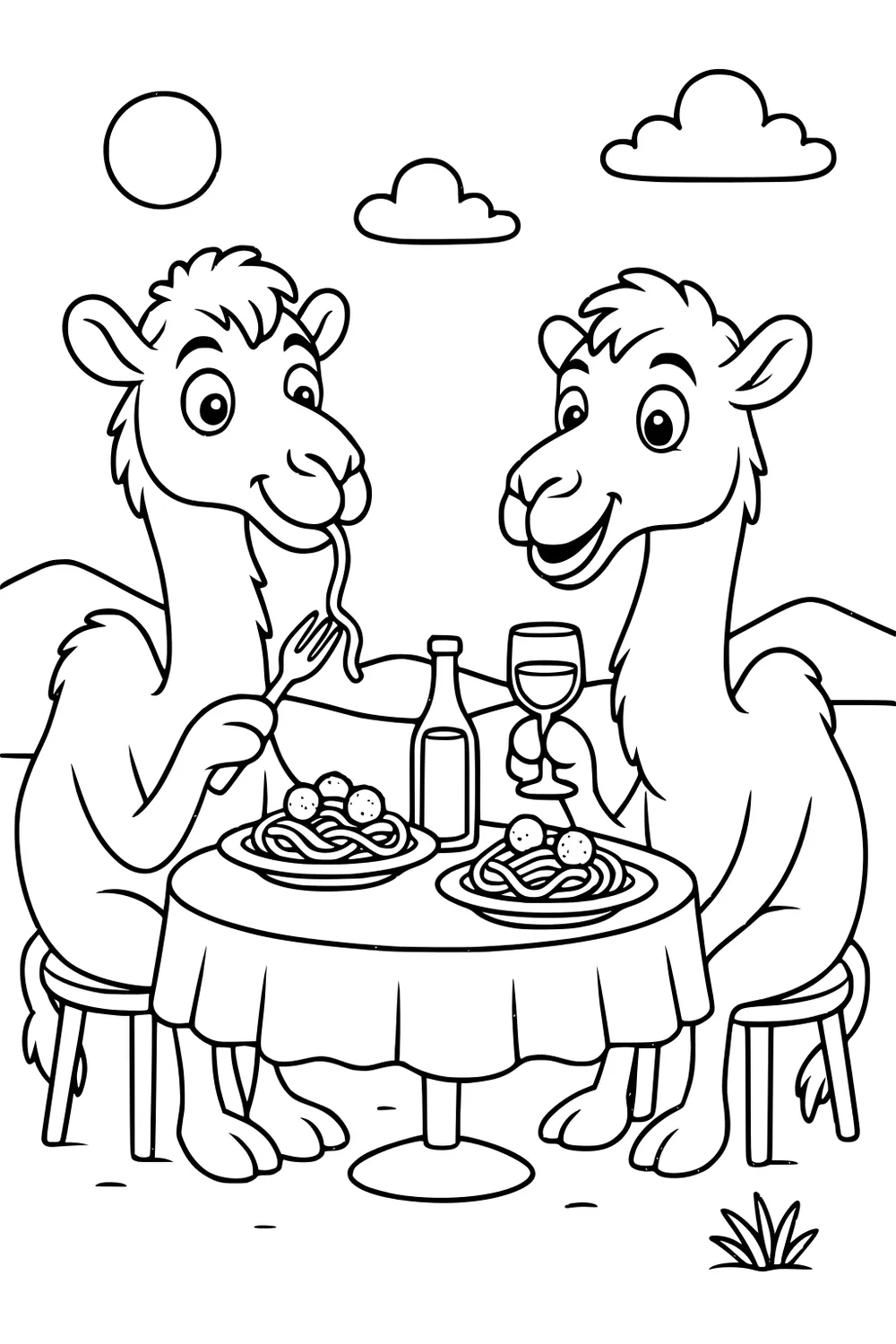 Two camels eat spaghetti together at a table in the desert, with bottles, glasses, sun, and puffy clouds in the sky.