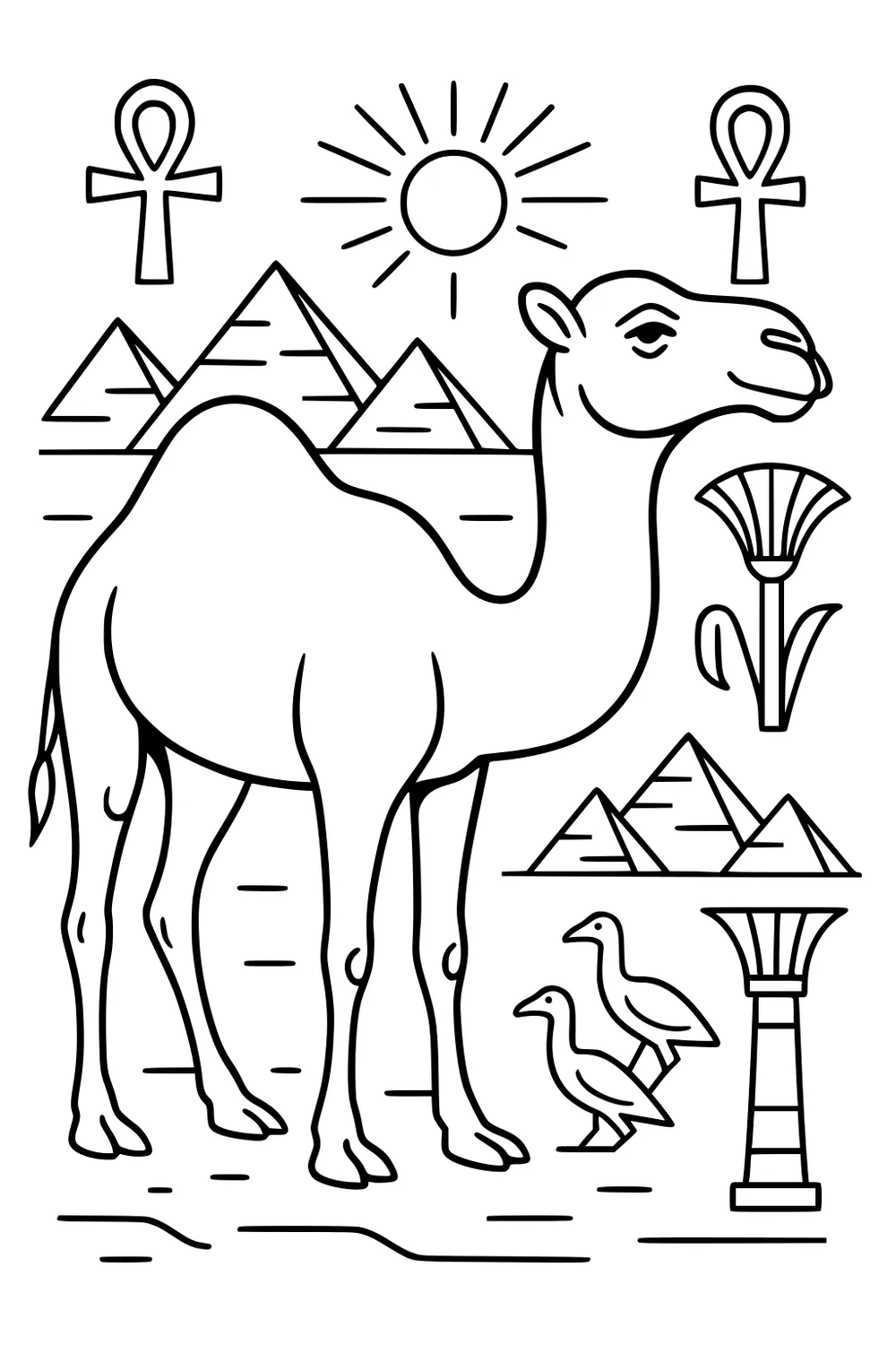 Camel standing with pyramids, papyrus, sun, birds, and Egyptian symbols in the background.