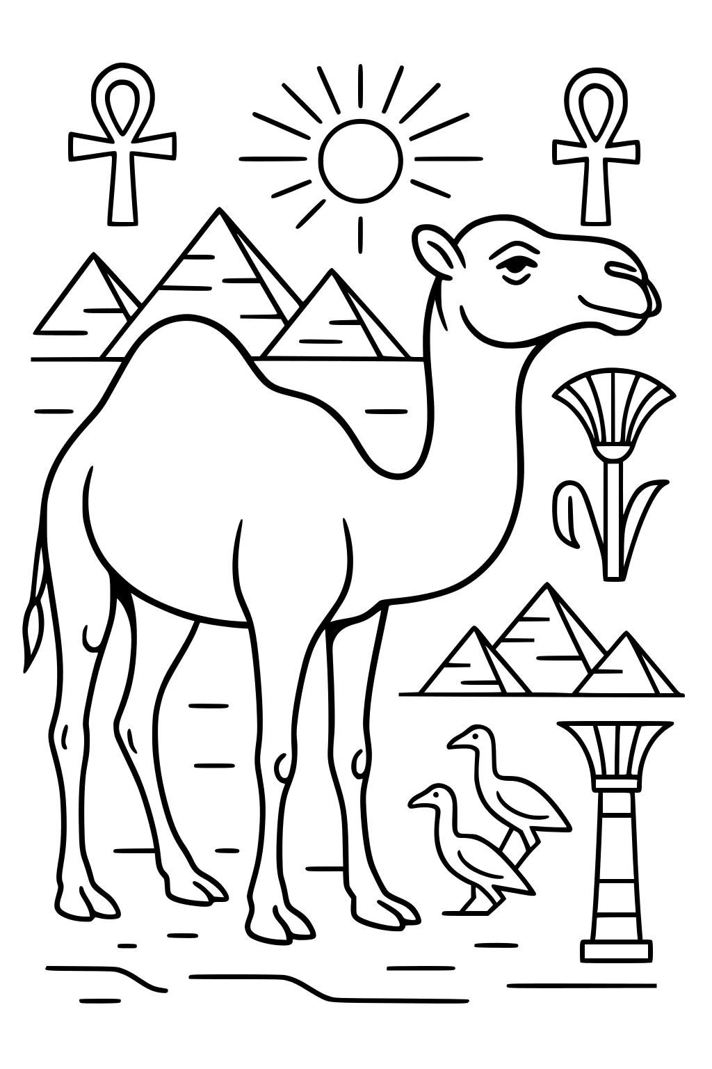 Camel standing with pyramids, papyrus, sun, birds, and Egyptian symbols in the background.