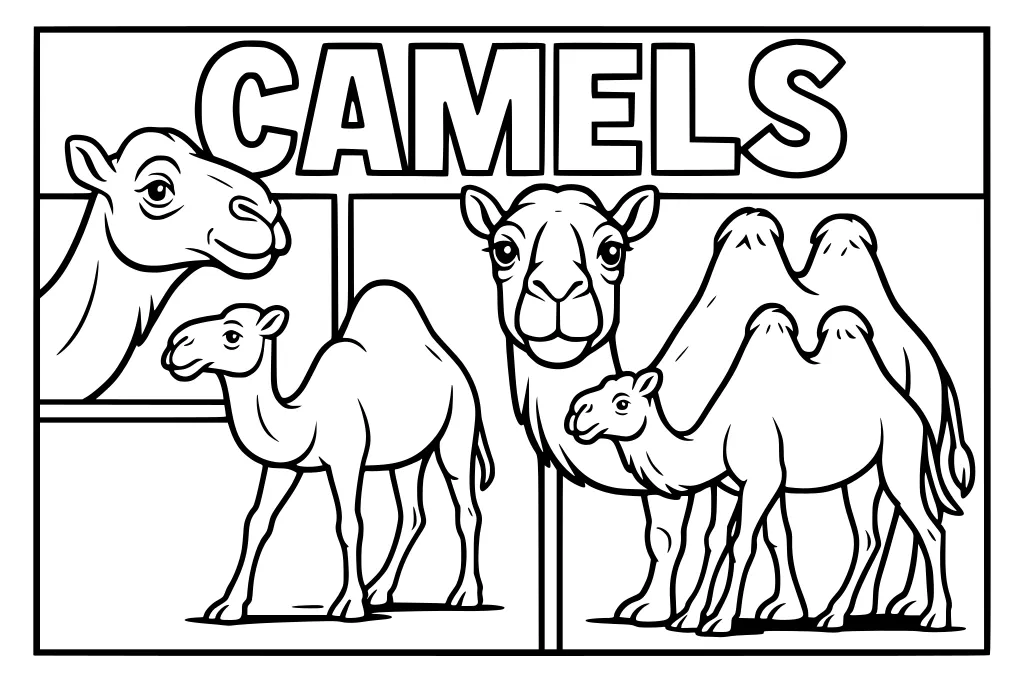 Outlined camels with one large head, baby camels, a mother camel, and bold CAMELS text above segmented windows.