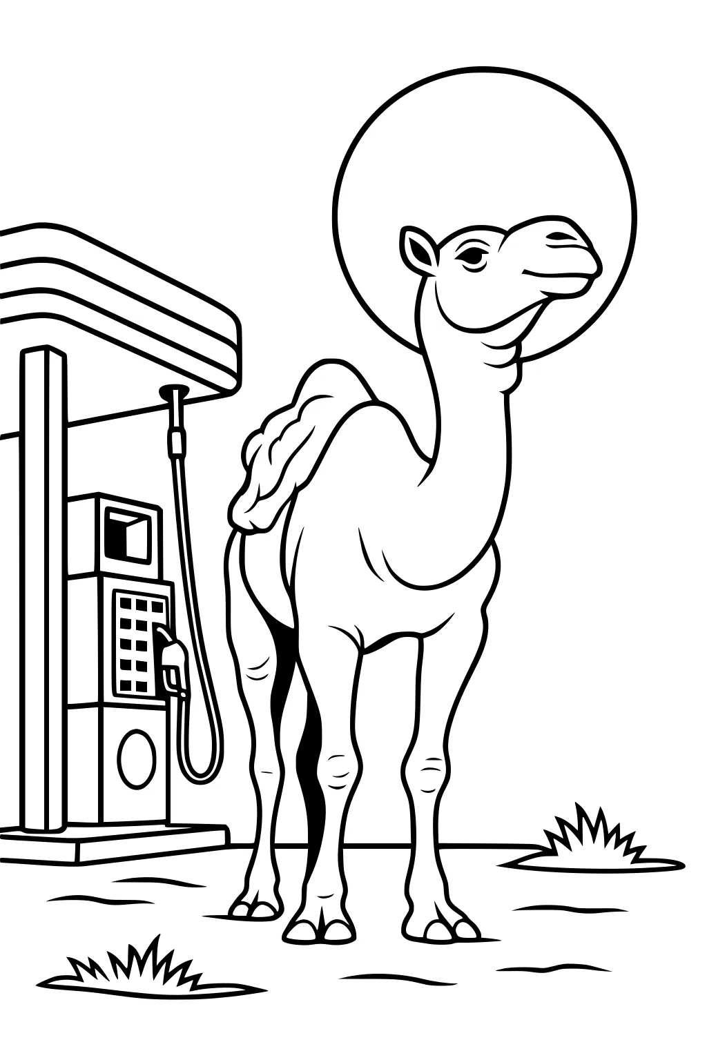 Smiling camel with one hump stands beside a fuel pump under a large sun, with grass patches on the ground.