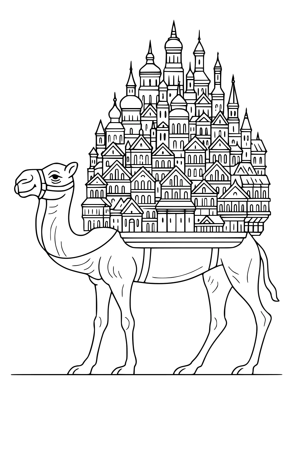 Camel with detailed city of rooftops and towers stacked on its back, standing on a line, drawn in black outlines.
