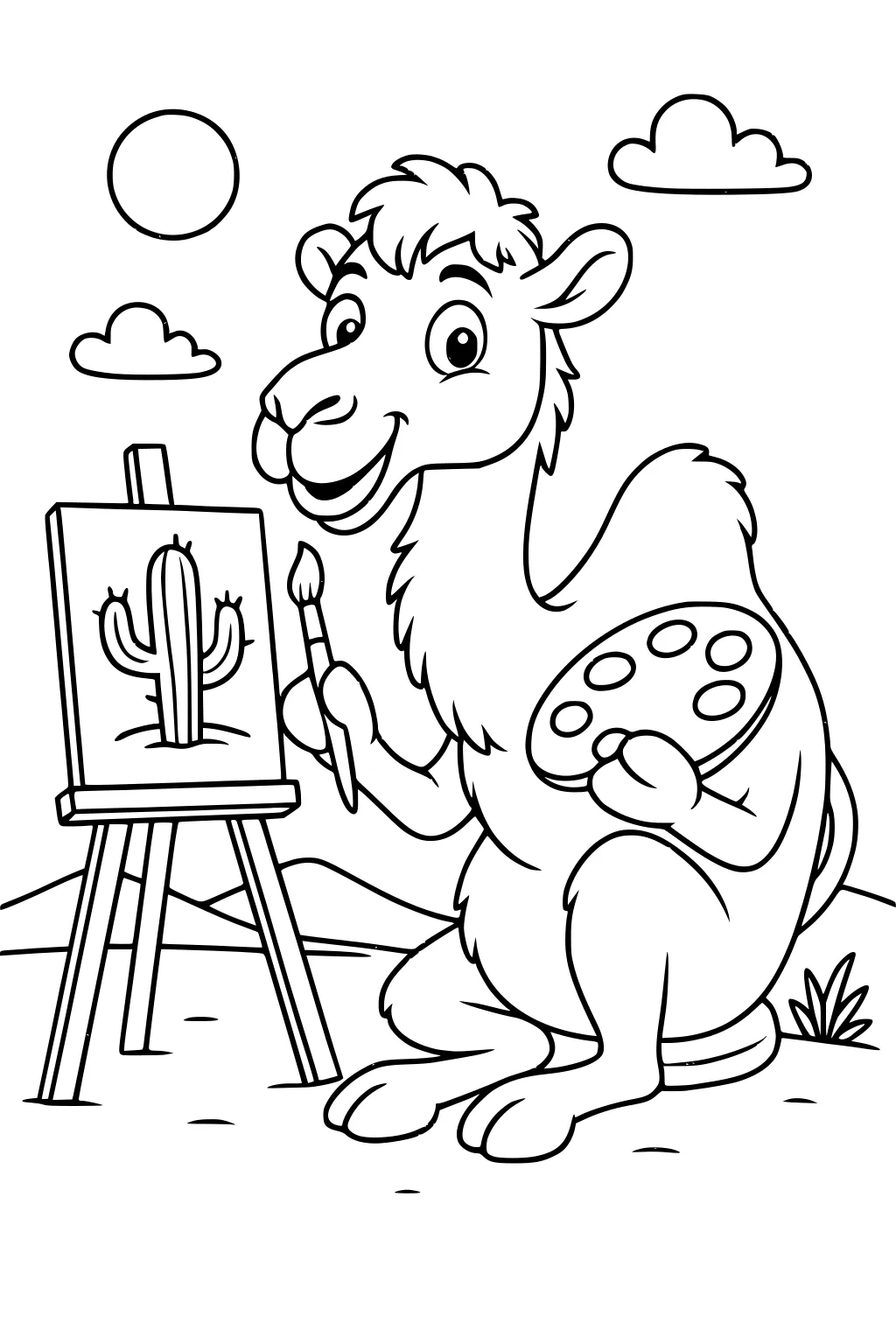 Cartoon camel sitting in desert painting a cactus on an easel, holding a brush and palette with sun and clouds overhead.