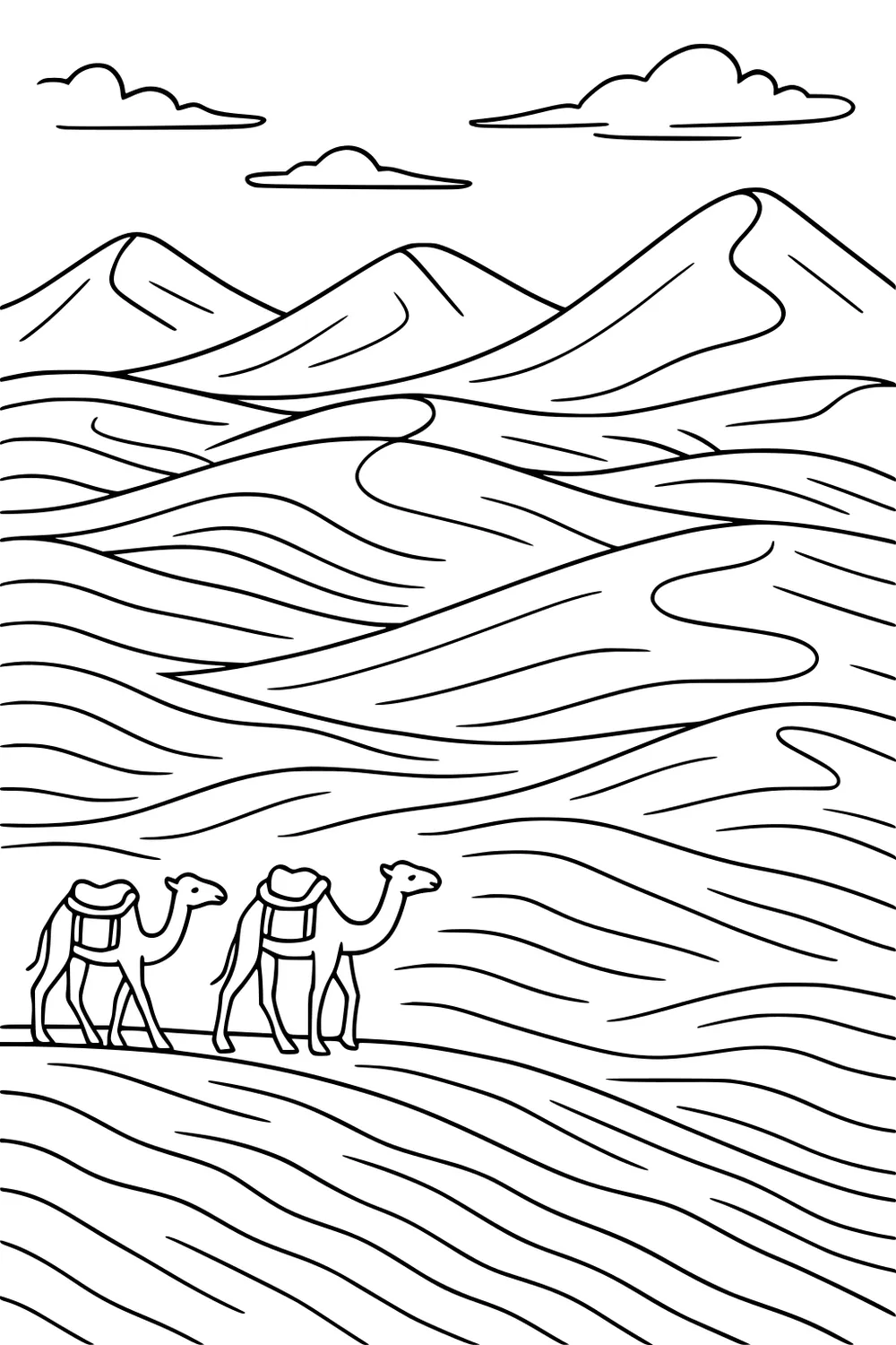 Two camels with saddles walk across desert dunes with mountains and a few clouds in the background.