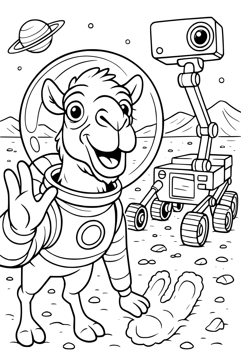 Cartoon camel in a spacesuit waving on a rocky planet, with a space rover and planets in the background.