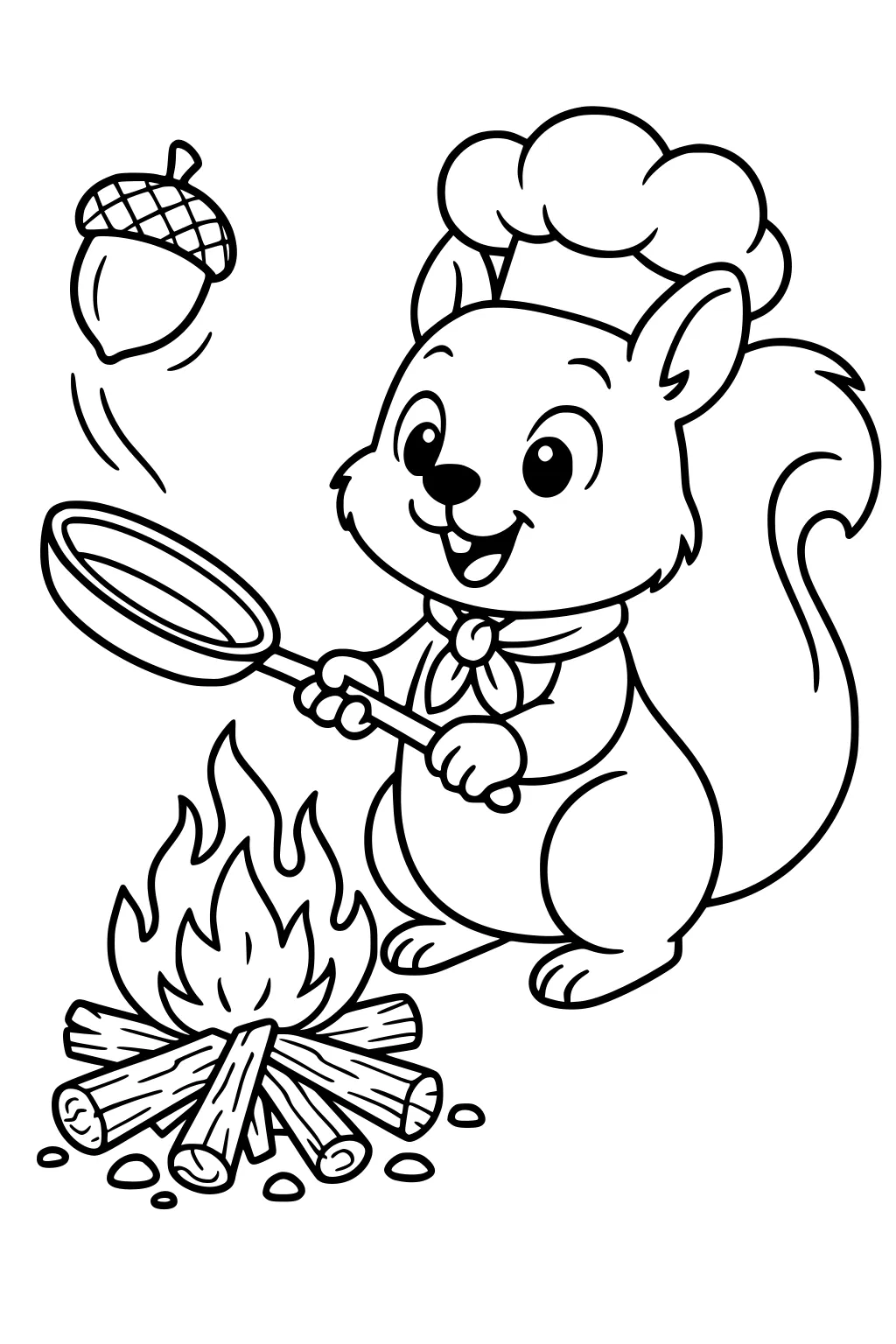 Cartoon squirrel chef flipping an acorn into a frying pan over a campfire.