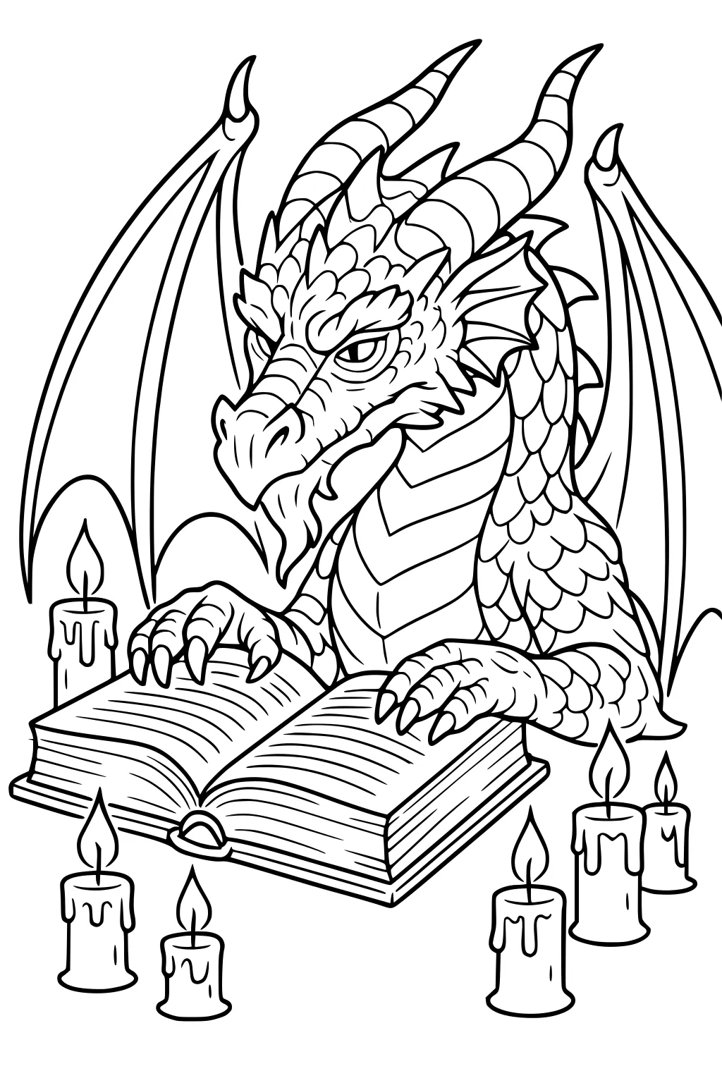 Horned dragon with wings reads an open book, claws on pages, surrounded by five dripping candles.