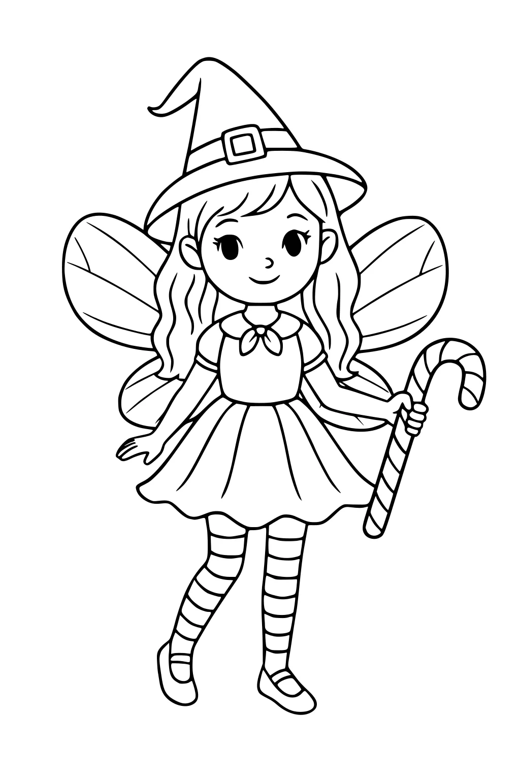 Fairy girl with pointed hat, wings, striped leggings, and candy cane, in a dress and flats, smiling and stepping lightly.
