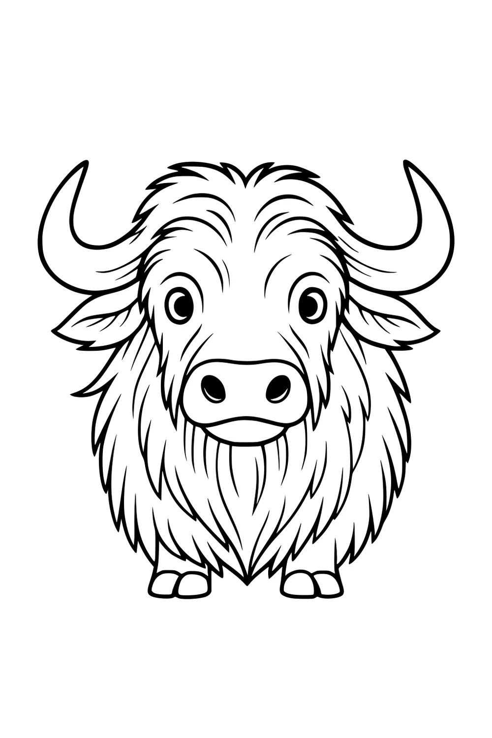 Cartoon buffalo with fluffy fur, large horns, big eyes, and four hooves standing forward.