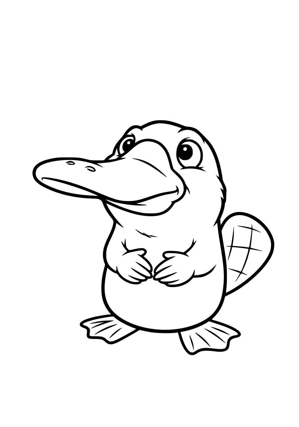 Cartoon platypus with a big bill, round body, webbed feet, and a flat tail standing upright.