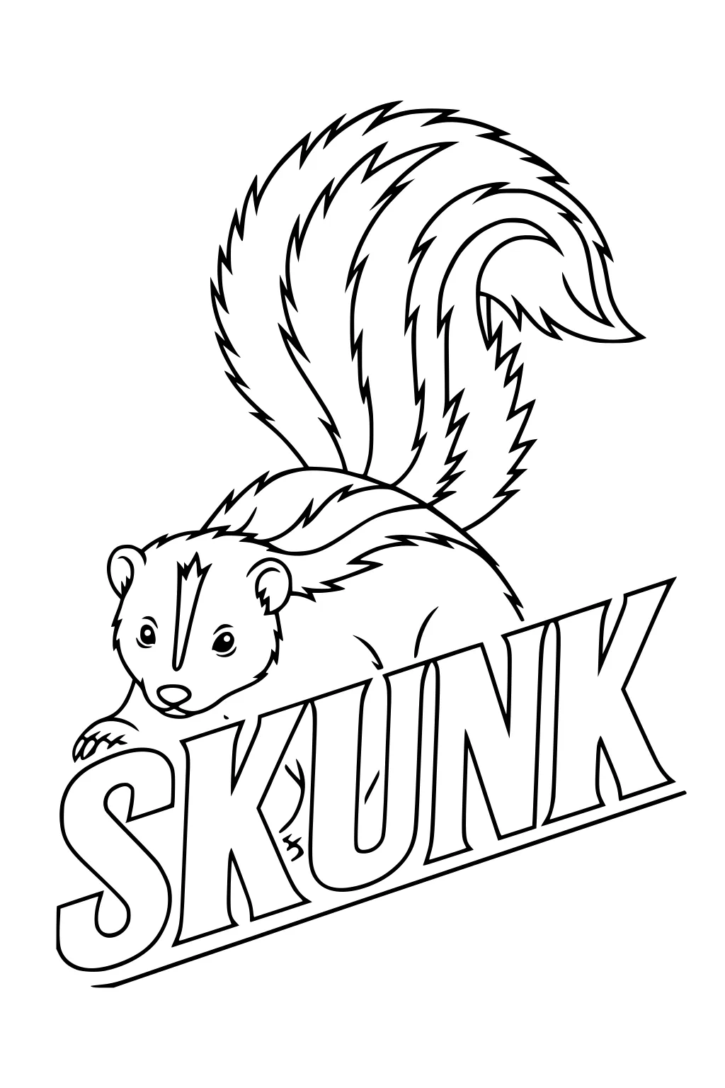 Cartoon skunk with bushy tail and face stripe perched above large SKUNK text.