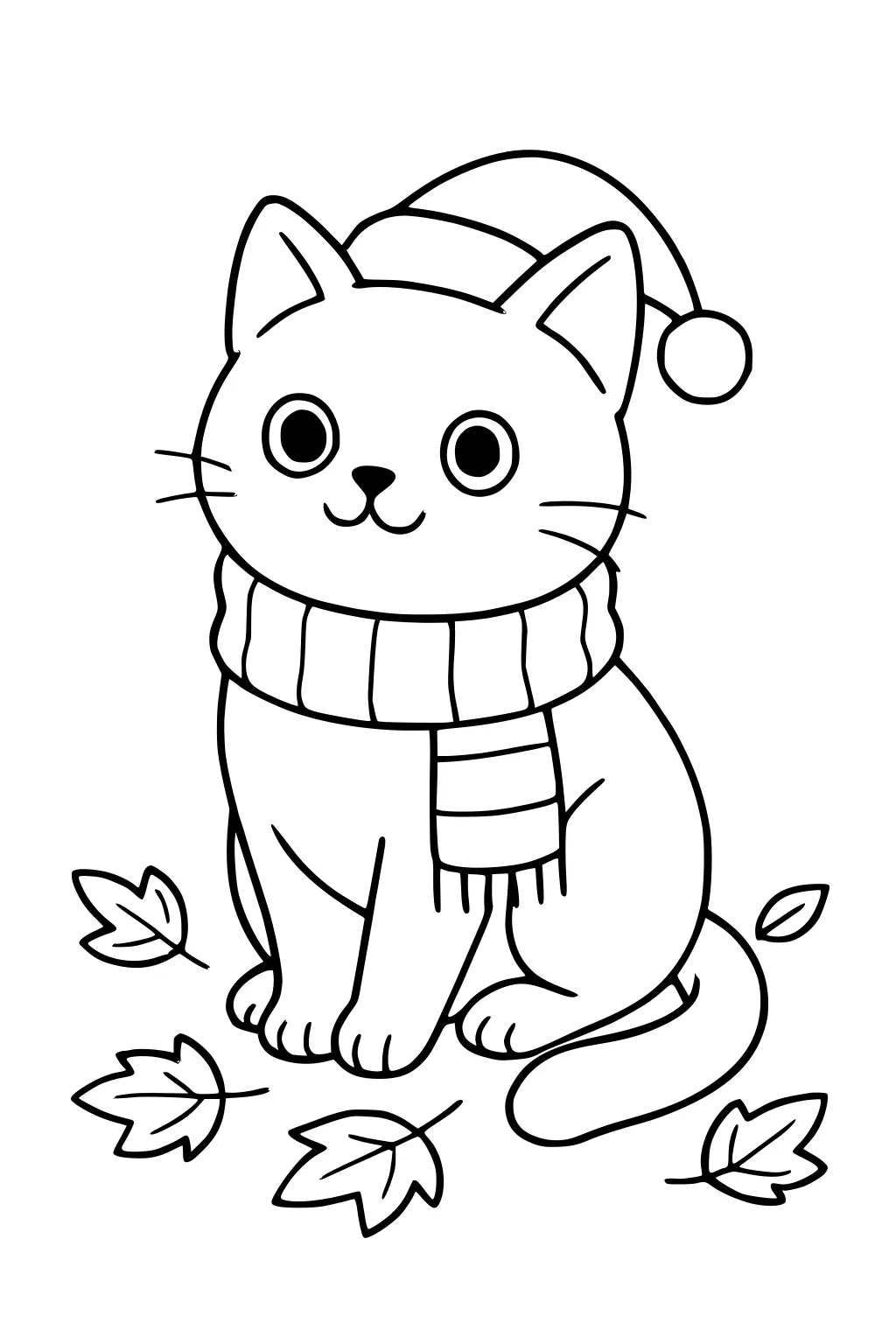 Cat sitting in leaves, wearing a hat with a pompom and a striped scarf, looking forward with big round eyes.