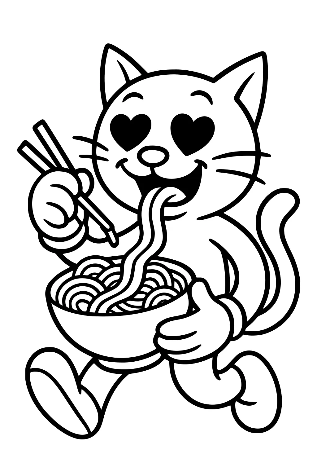 Cartoon cat with heart eyes eating noodles from a bowl with chopsticks, standing on two legs with a big smile.