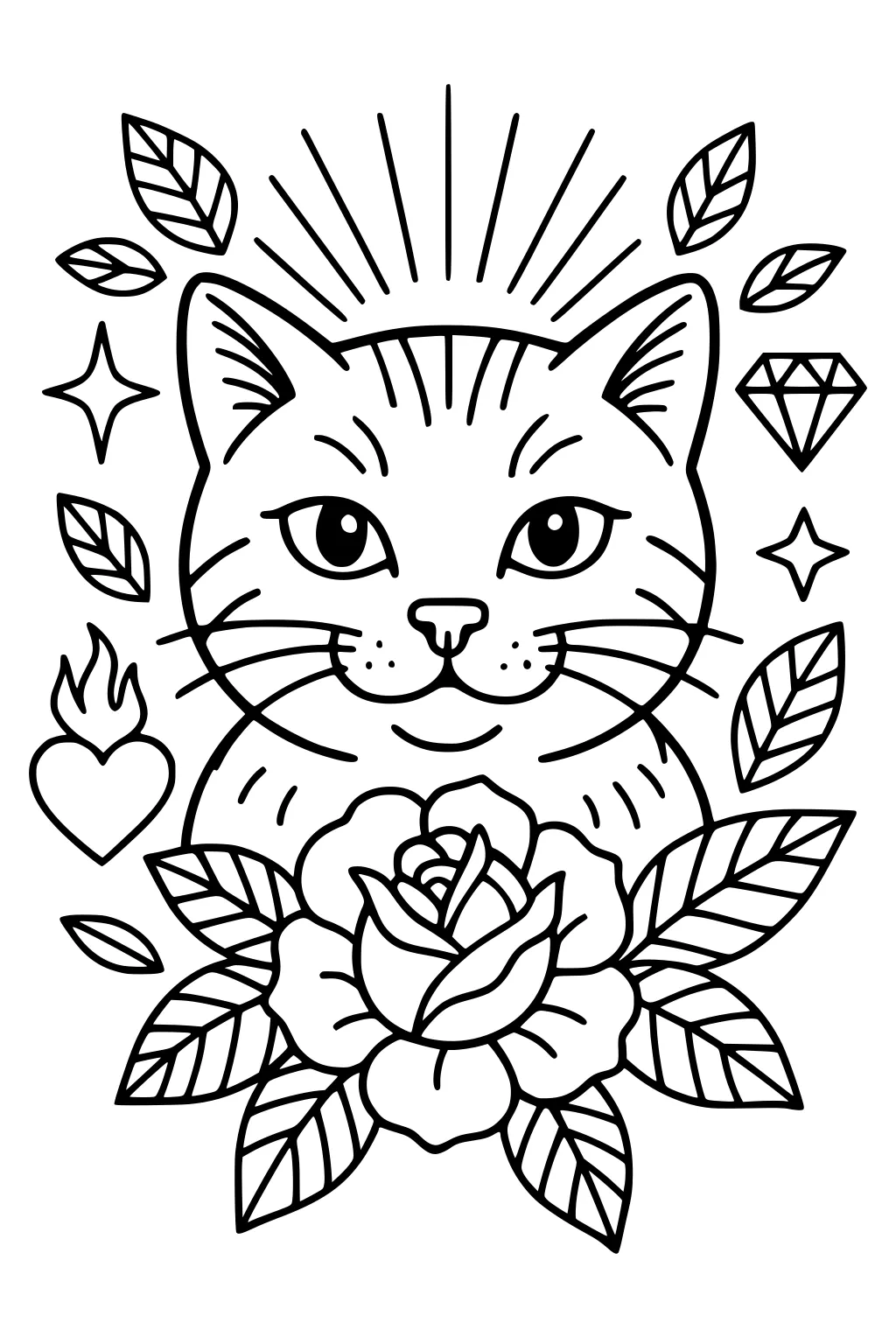 Cat face with big eyes framed by a rose, leafy branches, stars, diamonds, and a small heart with a flame.