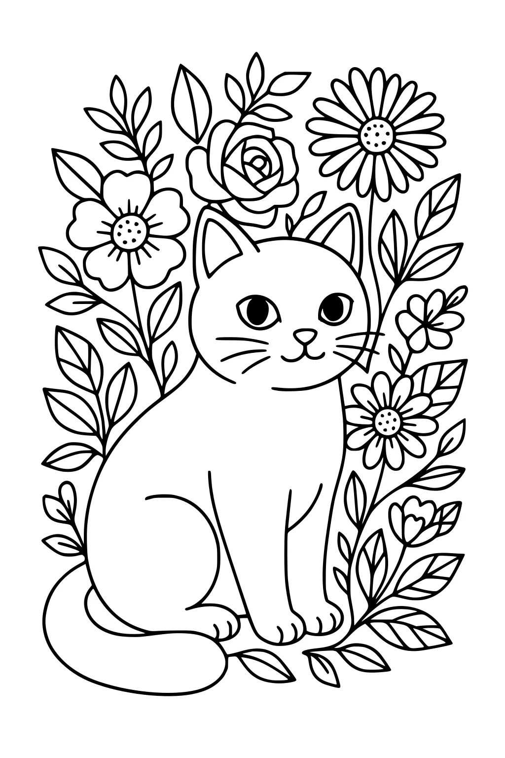 Cat sitting upright surrounded by large flowers and leafy branches, with simple outlines and clear shapes.