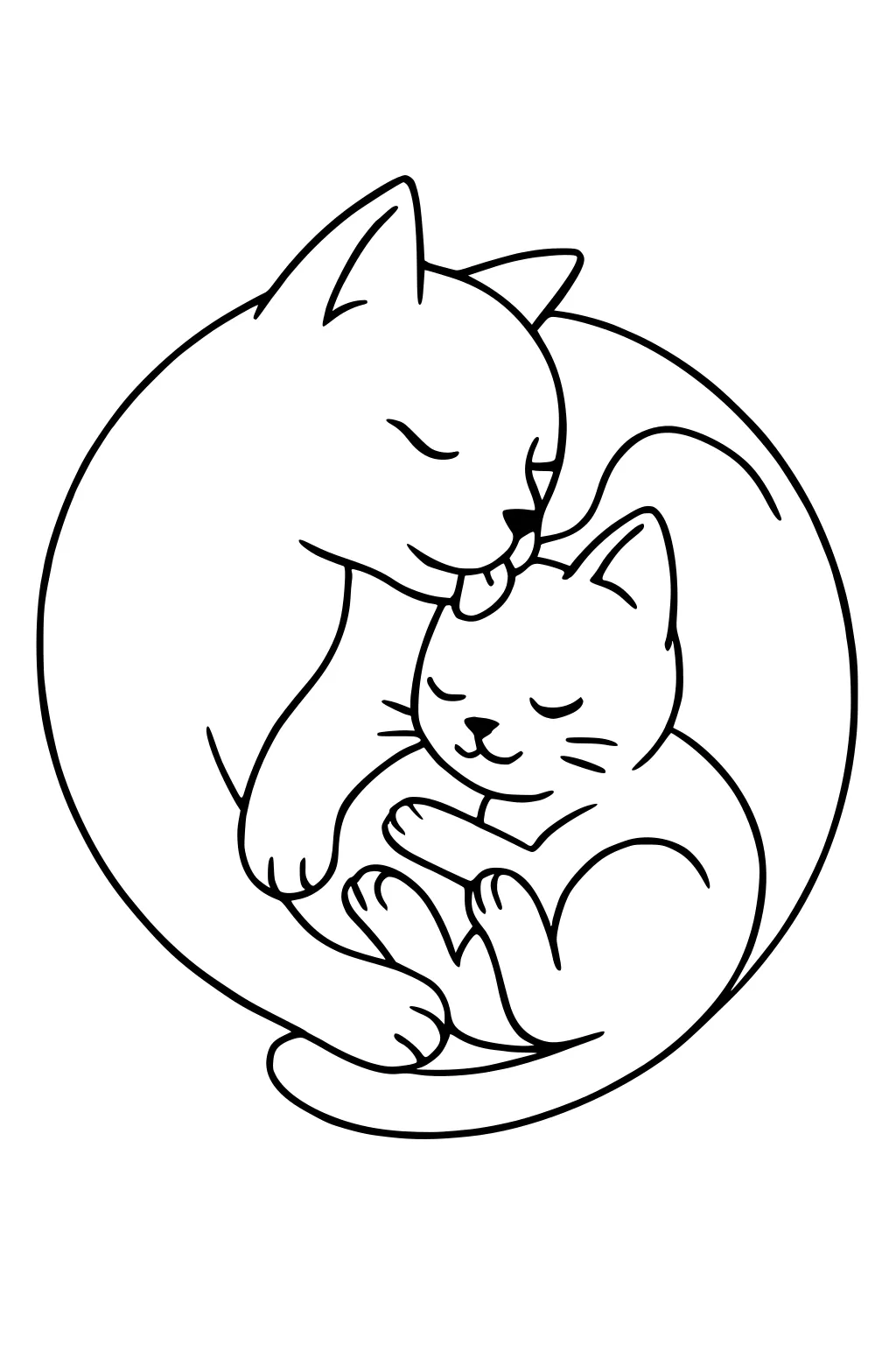 Mother cat licking her kitten while they curl up together with closed eyes and calm expressions.