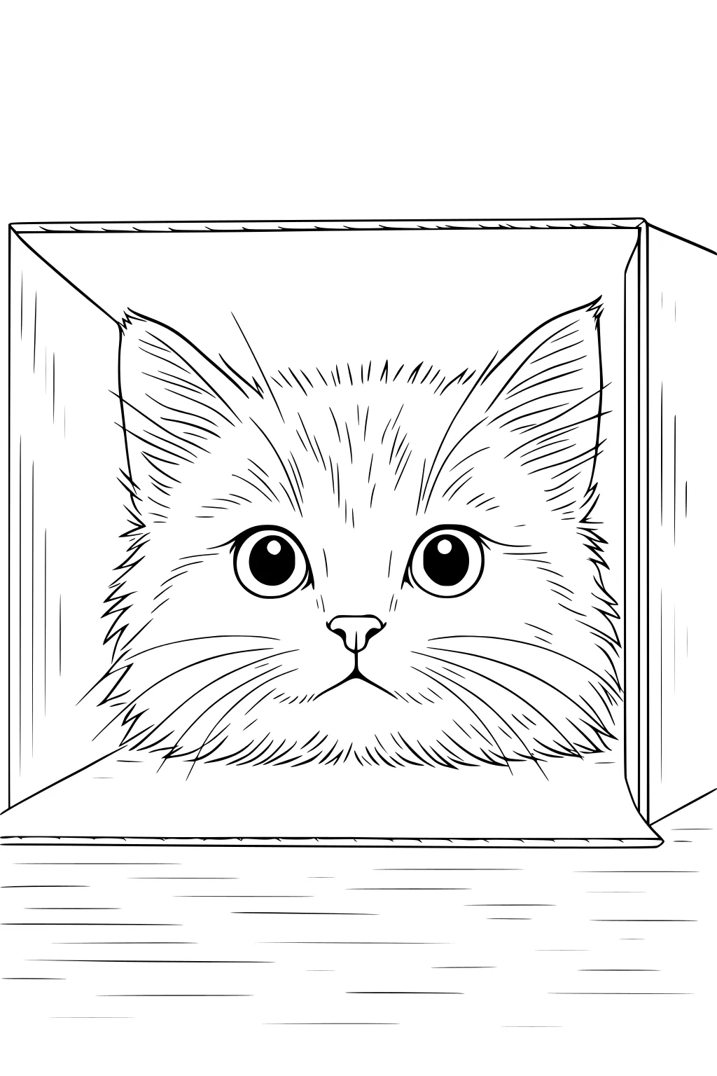 Long-haired cat peeks out of a cardboard box with wide eyes and upright ears, her face framed by the box and floor below.