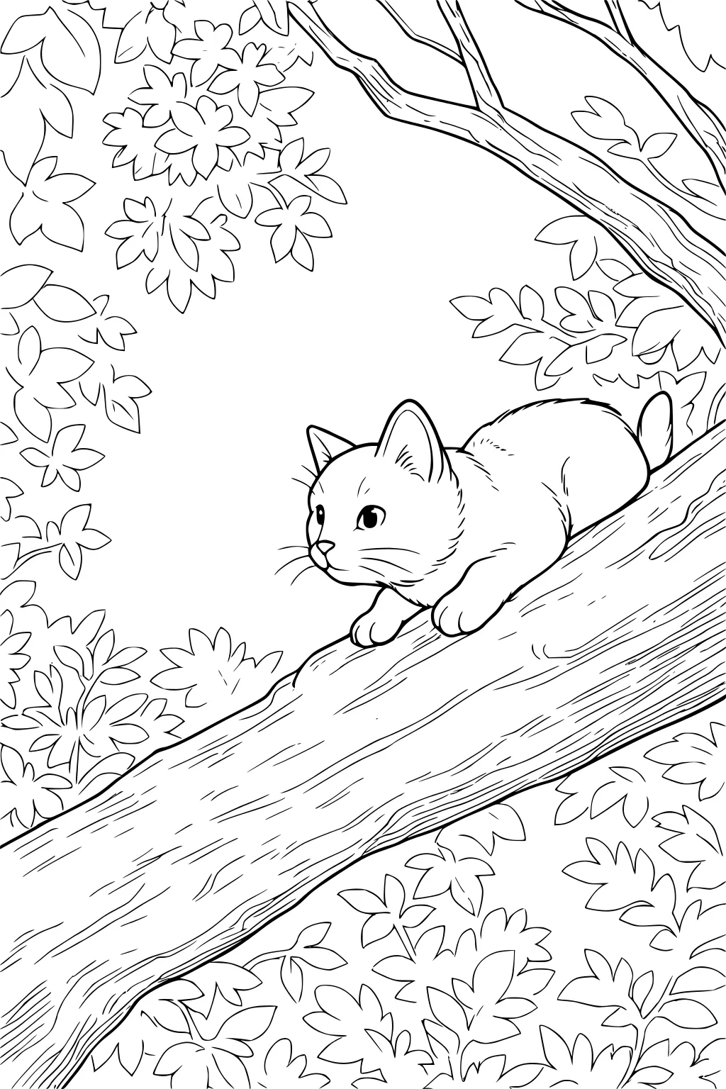 A kitten crouches on a large tree branch, surrounded by leafy branches in the background and foreground.