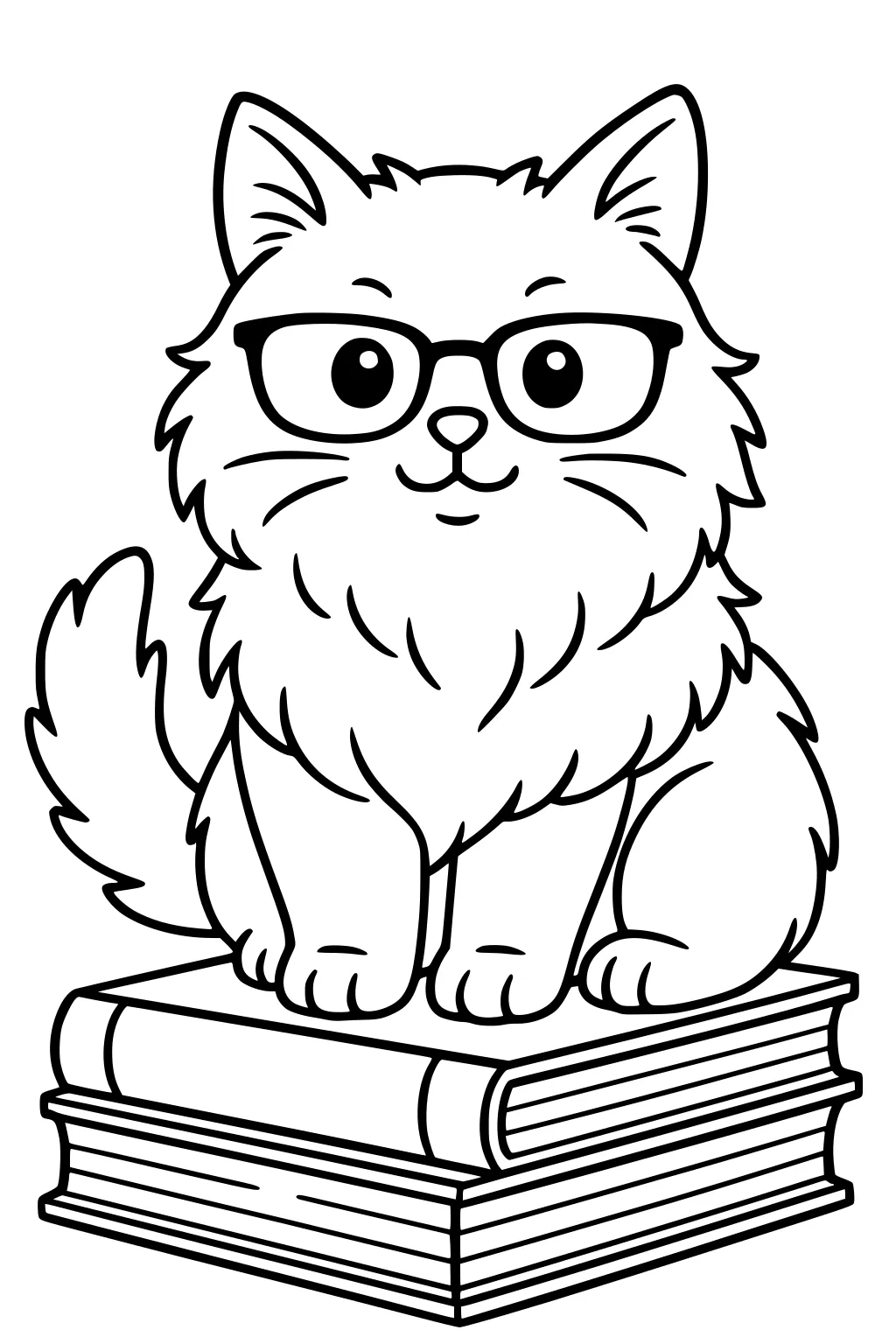 Fluffy cat with glasses sitting on two large closed books, looking forward with a gentle smile.