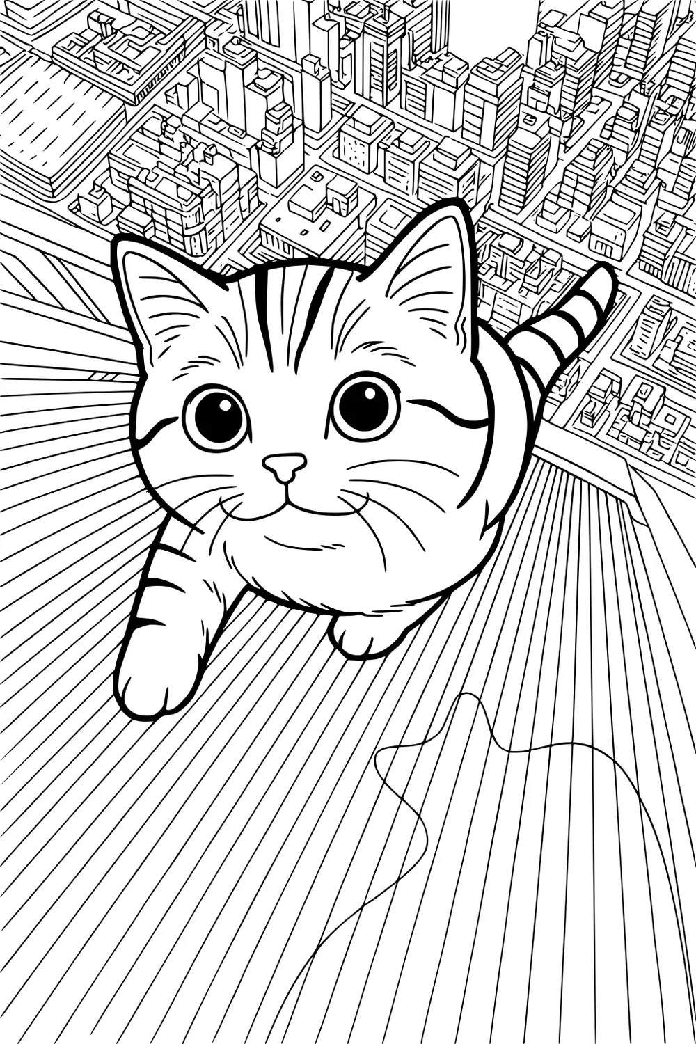 Striped cat with big round eyes walking on a rooftop, tall city buildings and streets shown below from above.