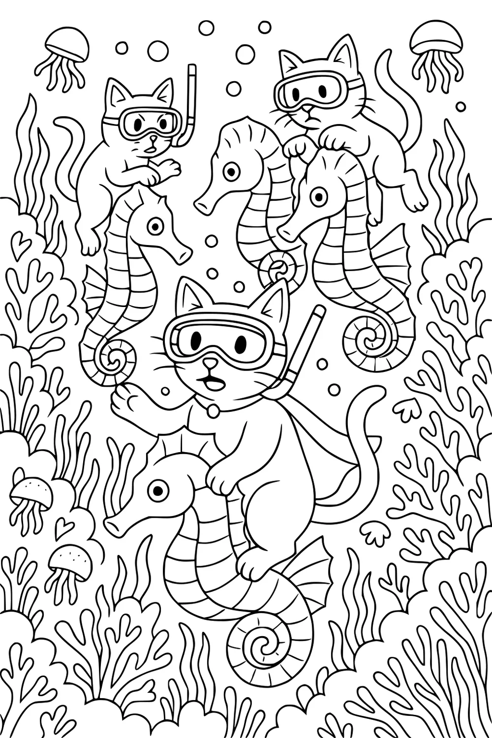 Three cats with snorkels riding seahorses underwater, surrounded by coral, seaweed, and jellyfish.