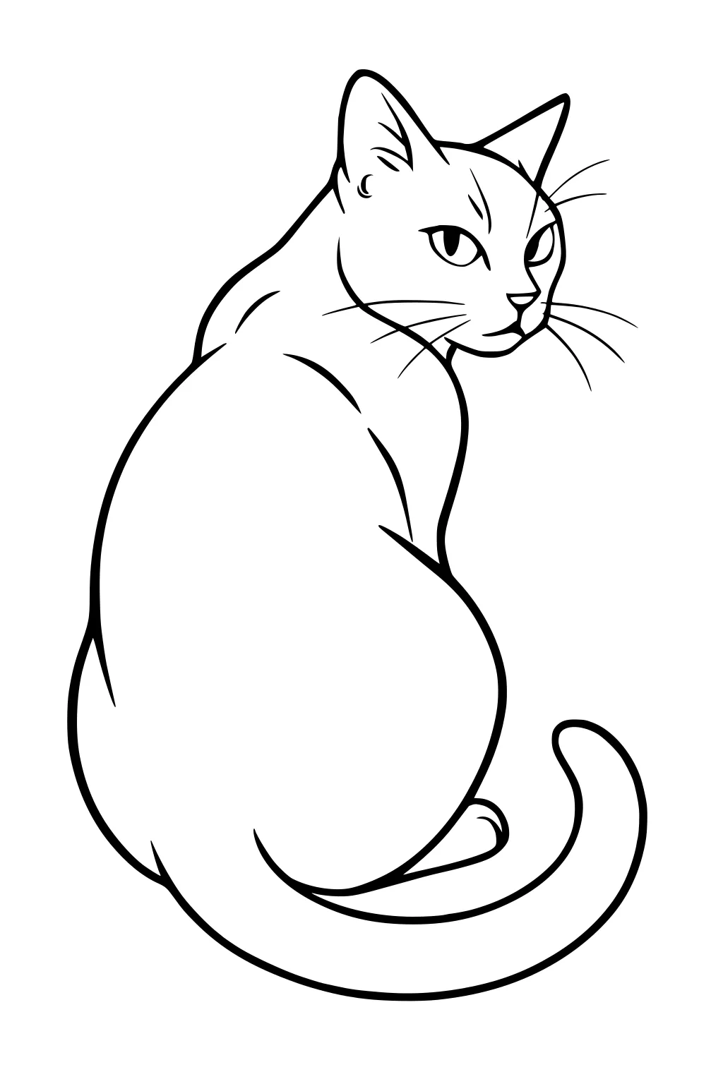 Outline drawing of a cat sitting with its back turned and head looking back over its shoulder.
