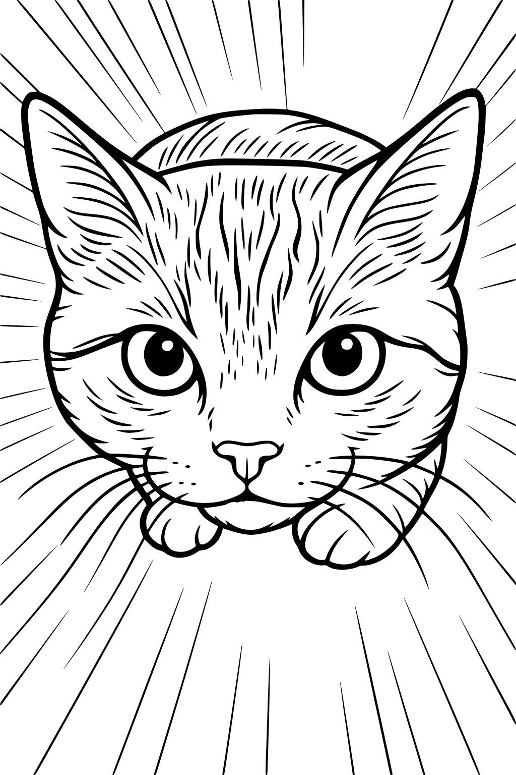 Front view of a domestic cat face with large eyes, perked ears, and lines radiating outward from behind the head.