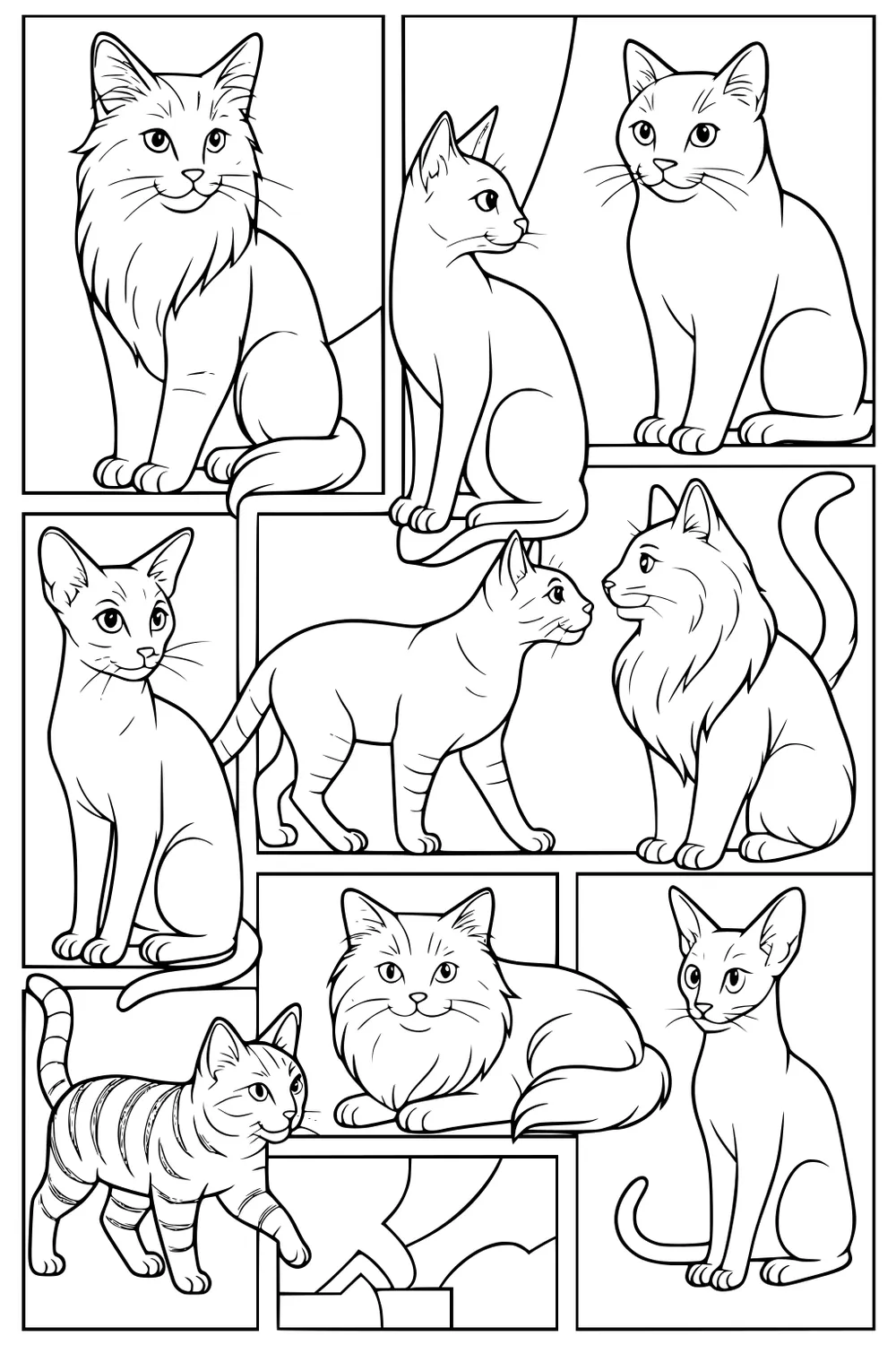 Nine cats with different fur and face shapes sitting and standing in boxes, some fluffy, some smooth, all facing forward or sideways.