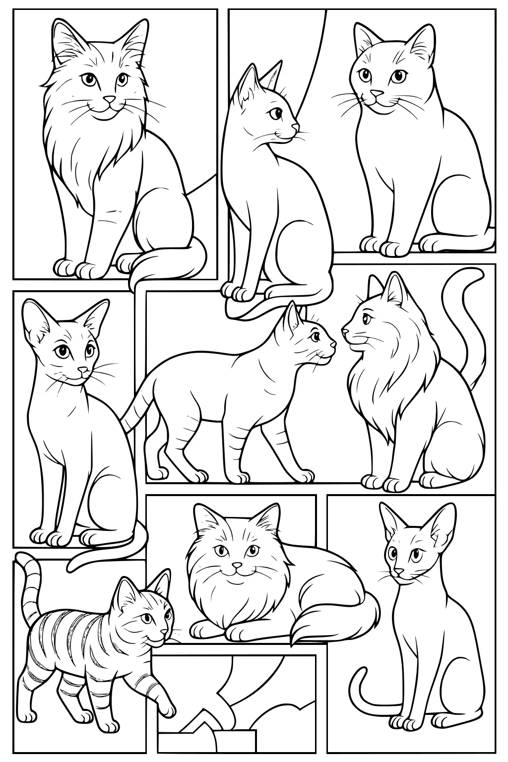Nine cats with different fur and face shapes sitting and standing in boxes, some fluffy, some smooth, all facing forward or sideways.