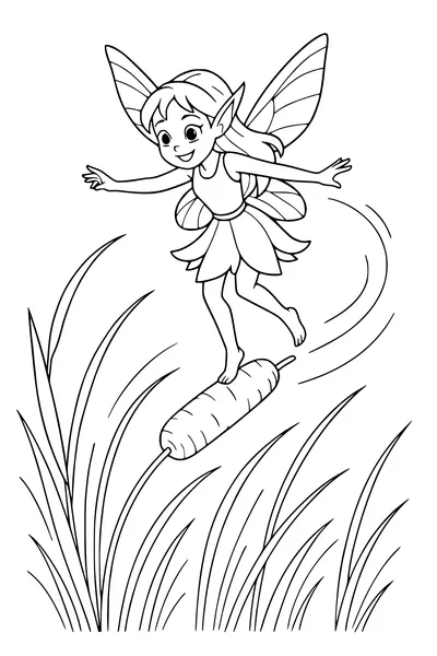Free Fairy Coloring Page - Cattail Surfing Pond Fairy (Printable PDF)