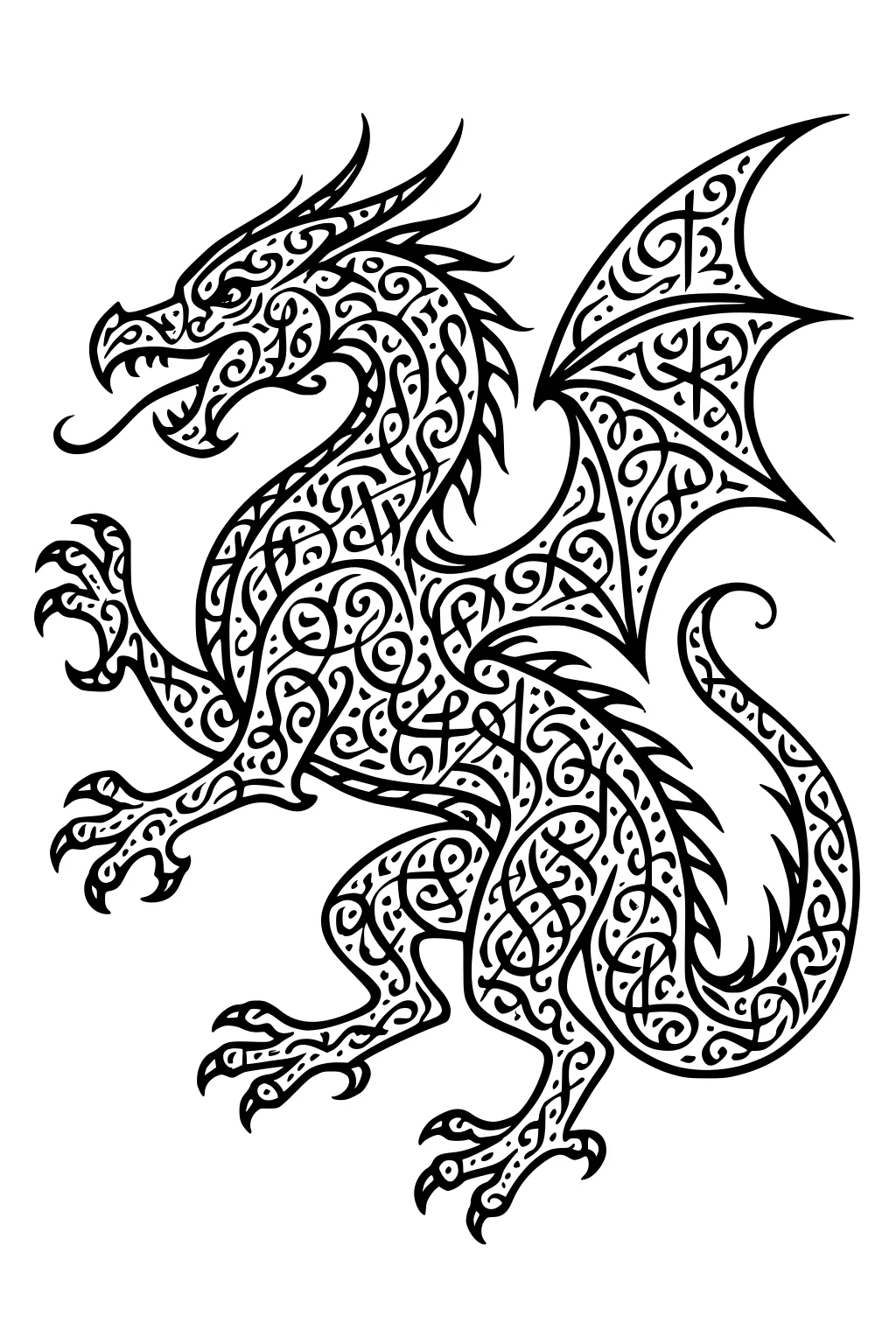 Side-view dragon with open mouth, horns, spiky tail, Celtic swirls, raised claw, and large patterned wing in black outline.