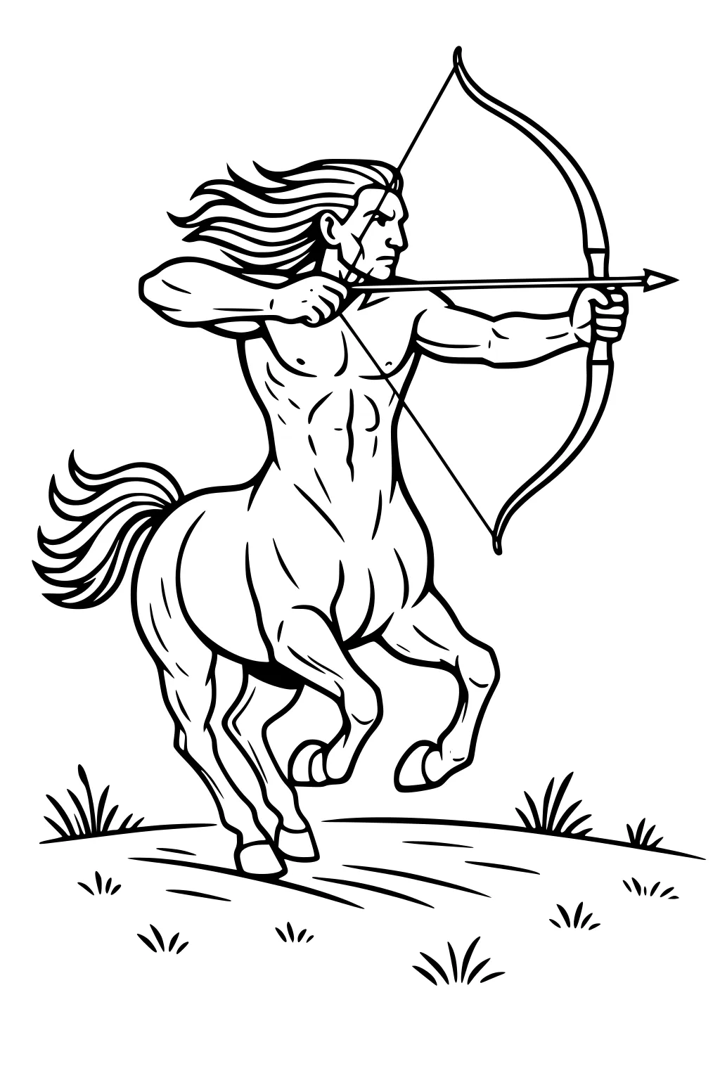 Centaur archer rearing on hind legs, long hair flowing, bow drawn with arrow aimed, on a grassy hill with small tufts of grass.