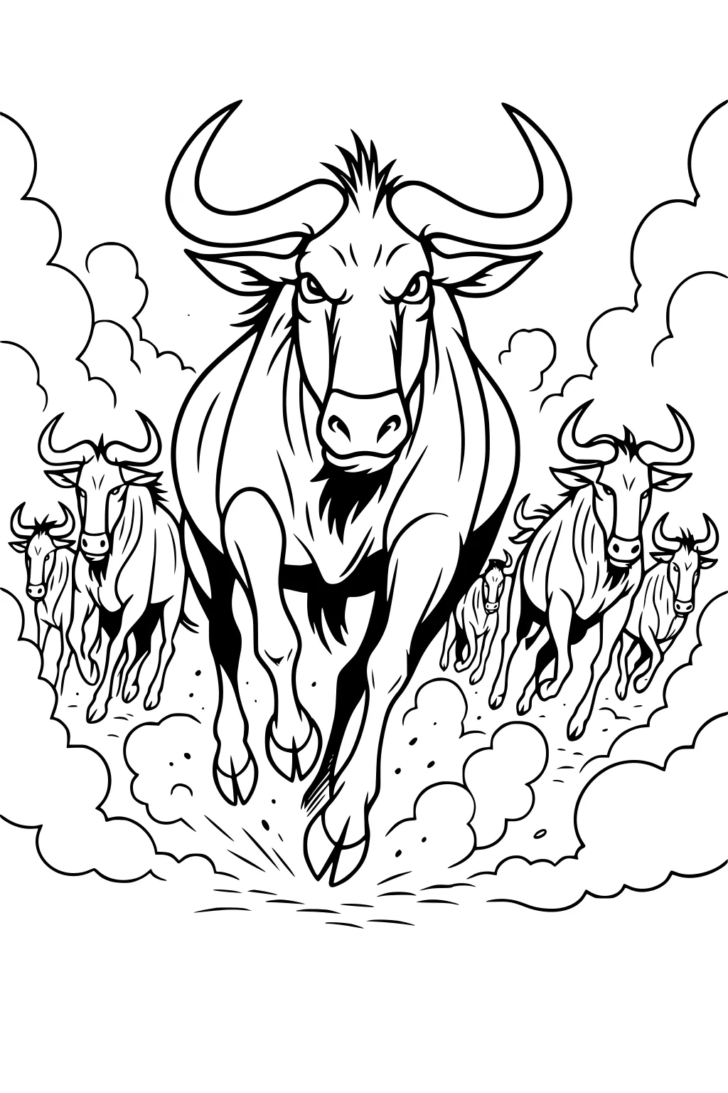 Herd of wildebeest stampeding forward, dust clouds swirling, large lead wildebeest in front, bold outlines.