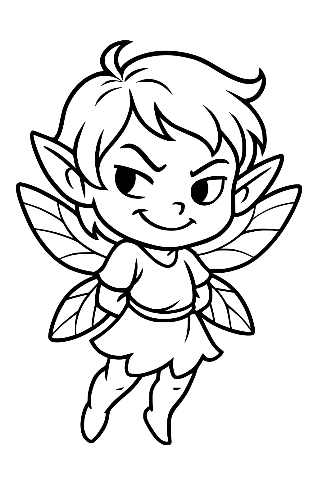 Mischievous fairy with pointed ears and four leaf-like wings, floating in a belted tunic, bold cartoon lines.