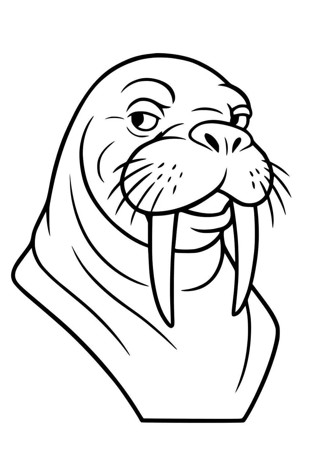 Cartoon walrus head with winking eye, big tusks, whiskers, and a gentle grin