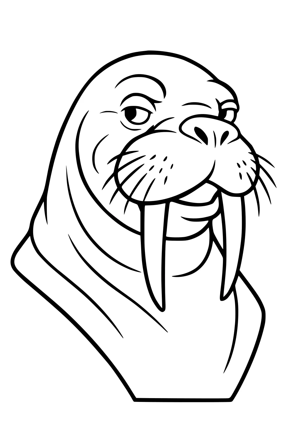 Cartoon walrus head with winking eye, big tusks, whiskers, and a gentle grin