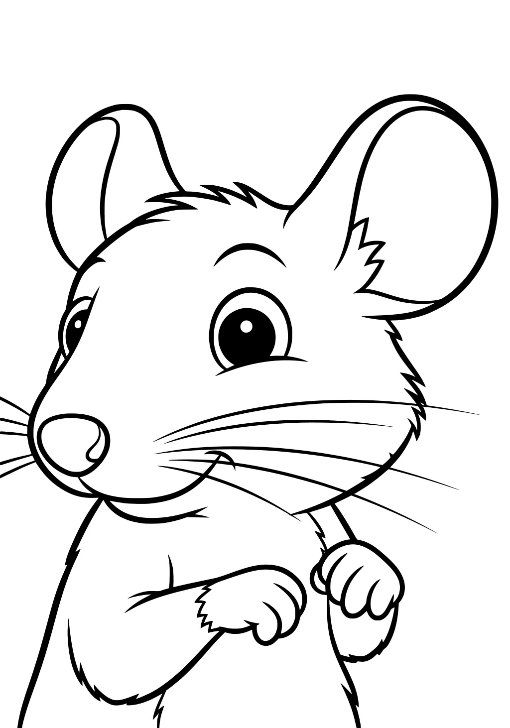 Cartoon mouse with large ears, bright eyes, long whiskers, and tiny paws raised near her chest.