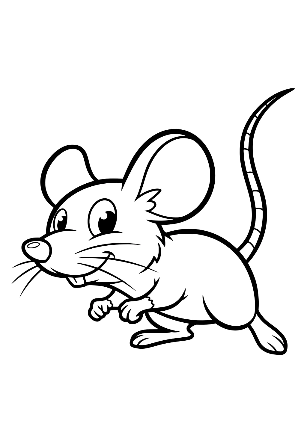 Cartoon mouse with big ears, whispy whiskers, and a striped tail, standing with paws close and a smiling face.
