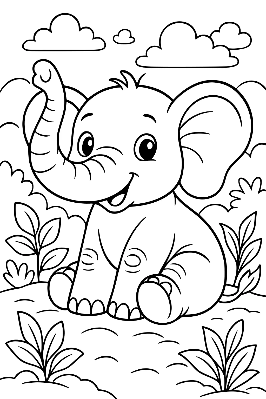 Baby elephant sitting and smiling with large ears, surrounded by bushes and puffy clouds.