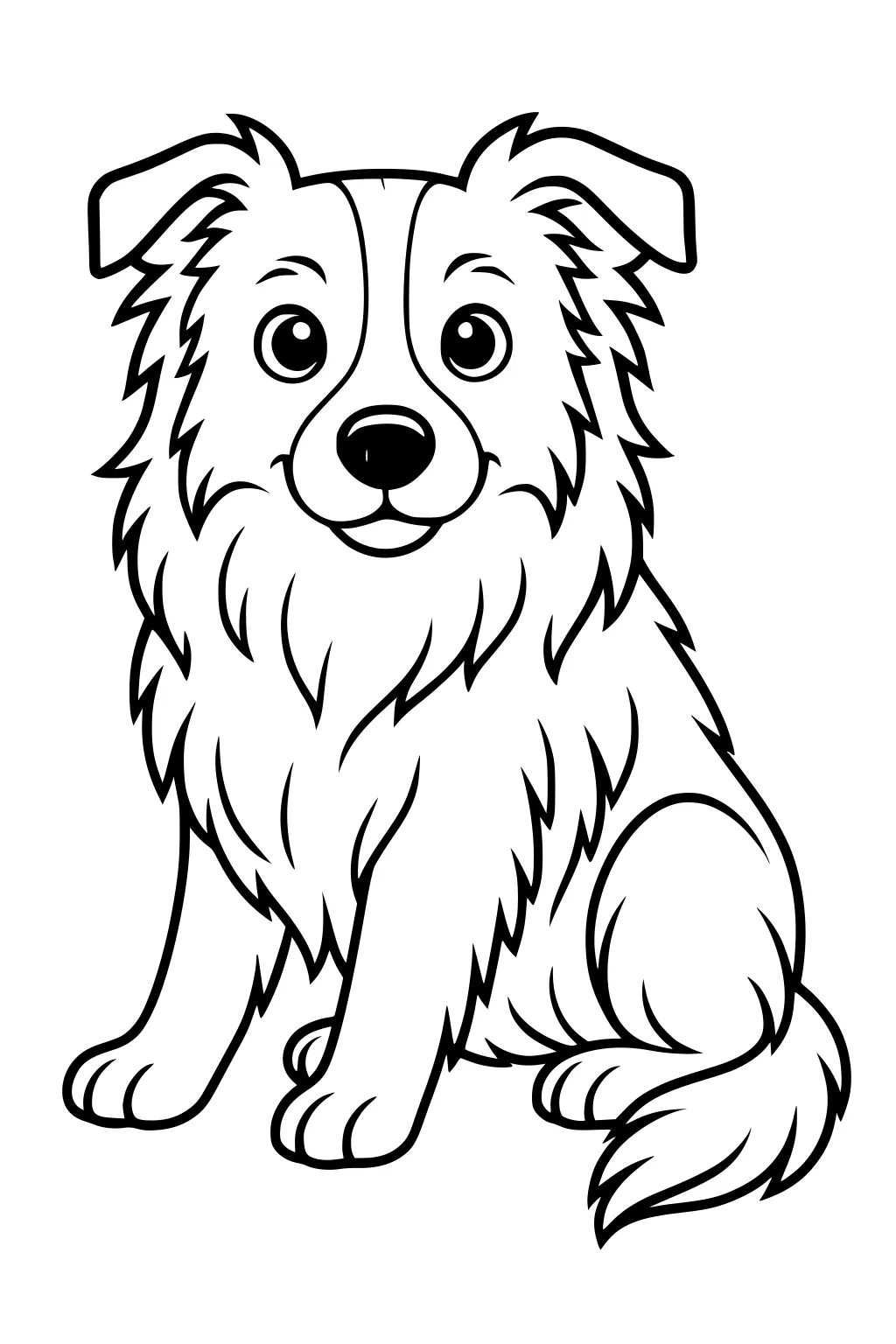 Cartoon dog with fluffy fur sitting and smiling, bushy tail curled by its side, large round eyes and perked ears.