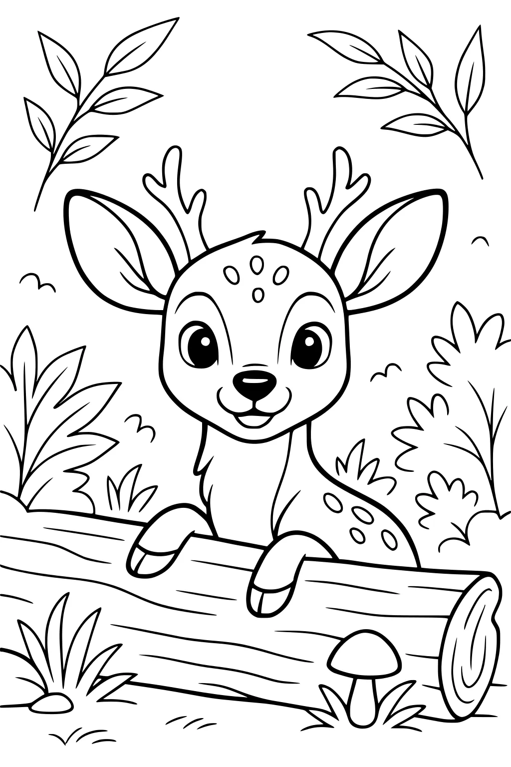 Cartoon deer fawn with spots and antlers peeking over a log in a forest with bushes, leaves, and a mushroom.