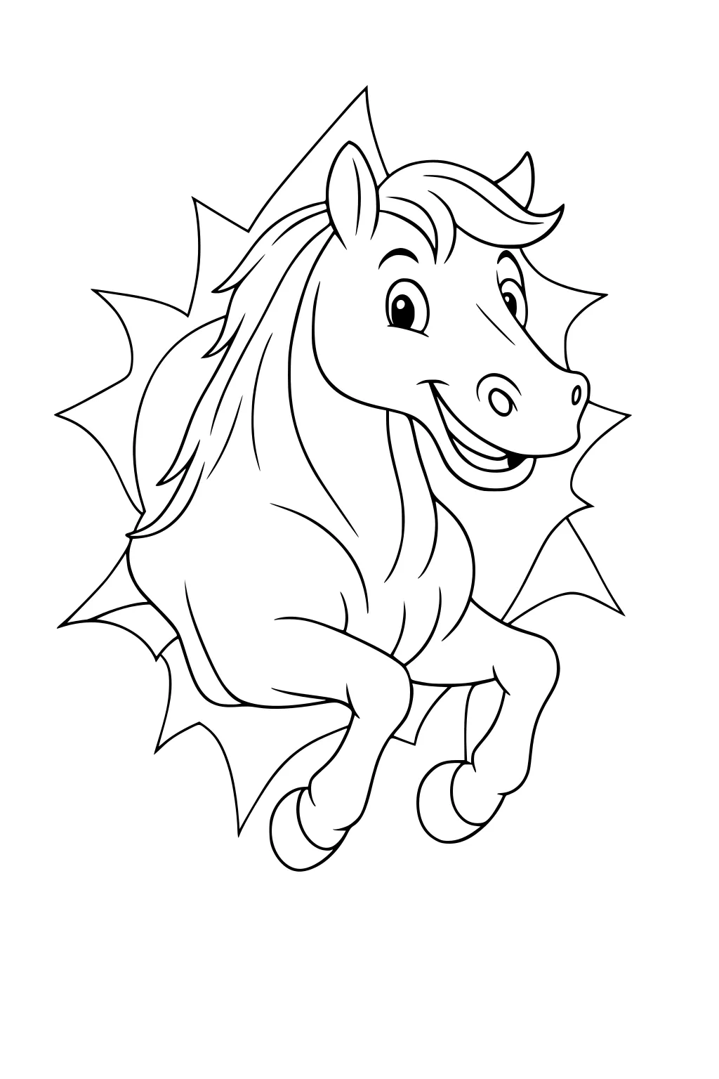 Cartoon horse with happy face and flowing mane leaping through jagged hole with raised hooves and big eyes.