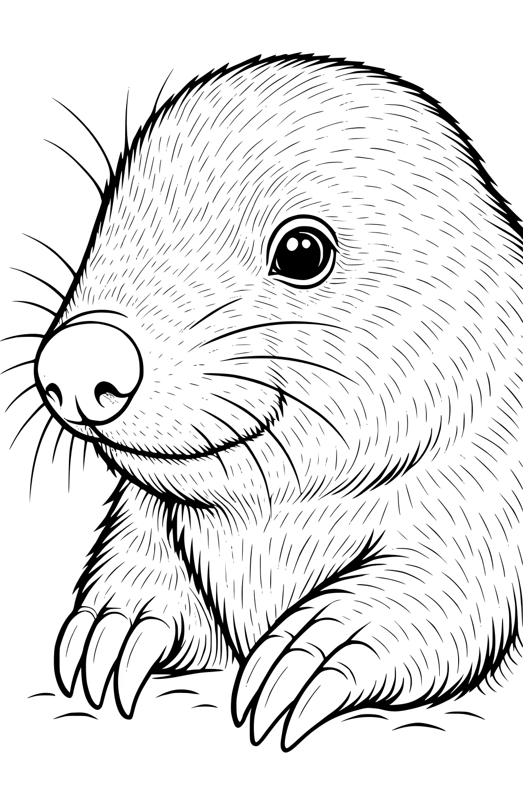 Close-up drawing of a mole with textured fur, shiny round eye, long claws, and a rounded nose.
