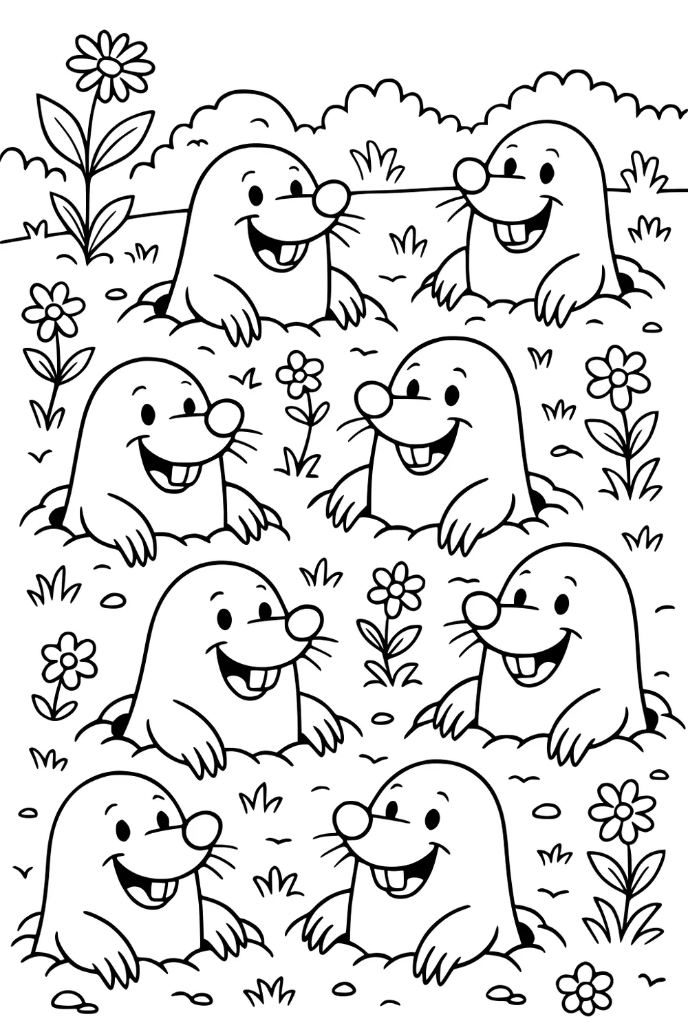 Seven happy moles peeking from dirt mounds in a grassy meadow surrounded by flowers and leafy plants.